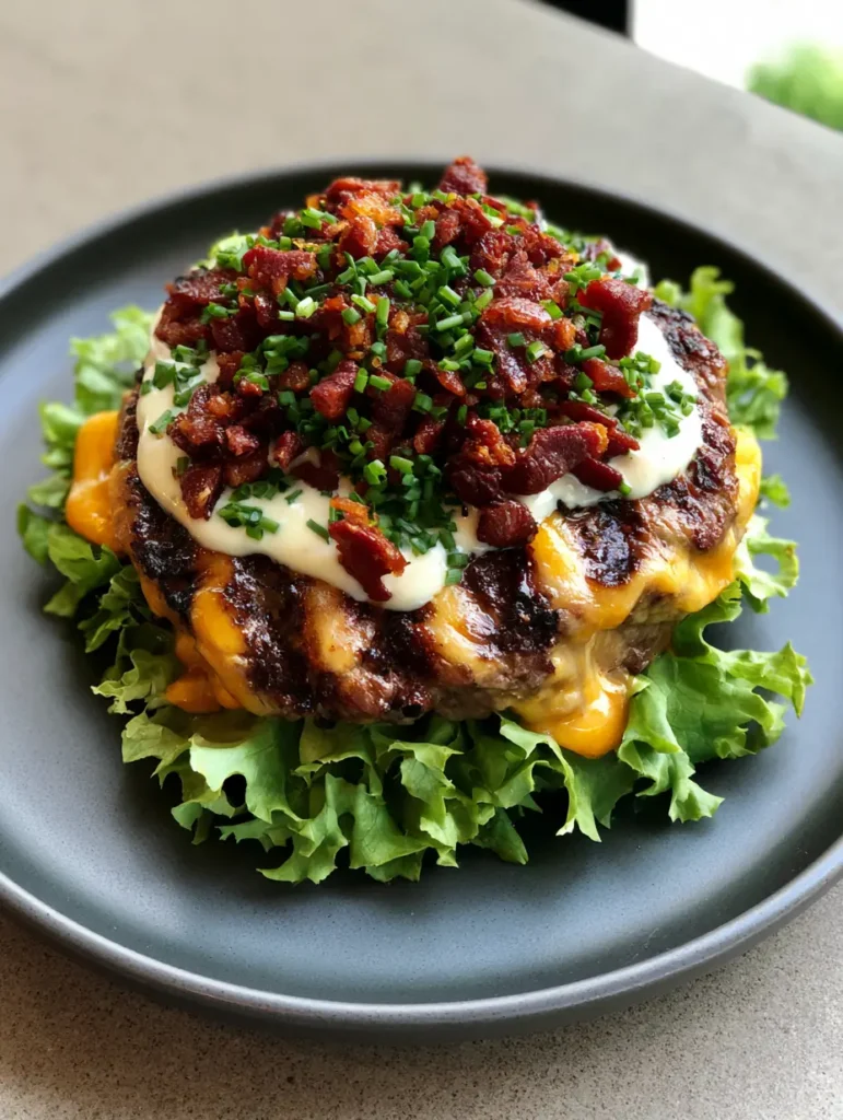 Smartphone style photo of a Keto Crack Burger topped with heavy bacon scatter and chives on a dark matte plate.