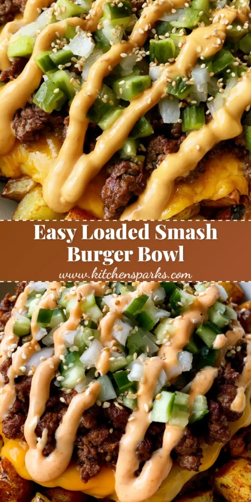 A top-down view of a Smash Burger Bowl featuring crispy cubed potatoes, melted cheddar over beef, and a thick orange sauce zigzag.