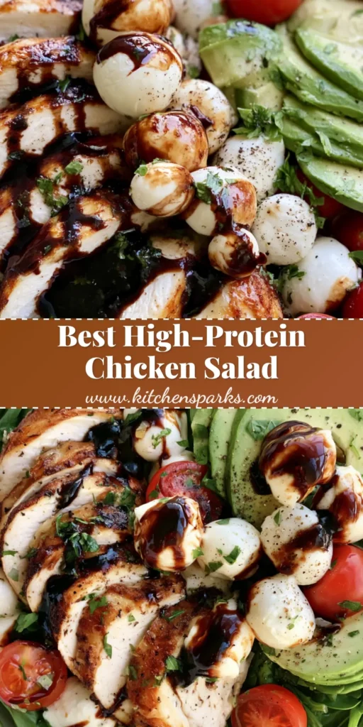 A top-down view of a Baked Chicken Salad Recipe featuring golden chicken fillets, avocado slices, and mozzarella pearls in a white bowl.