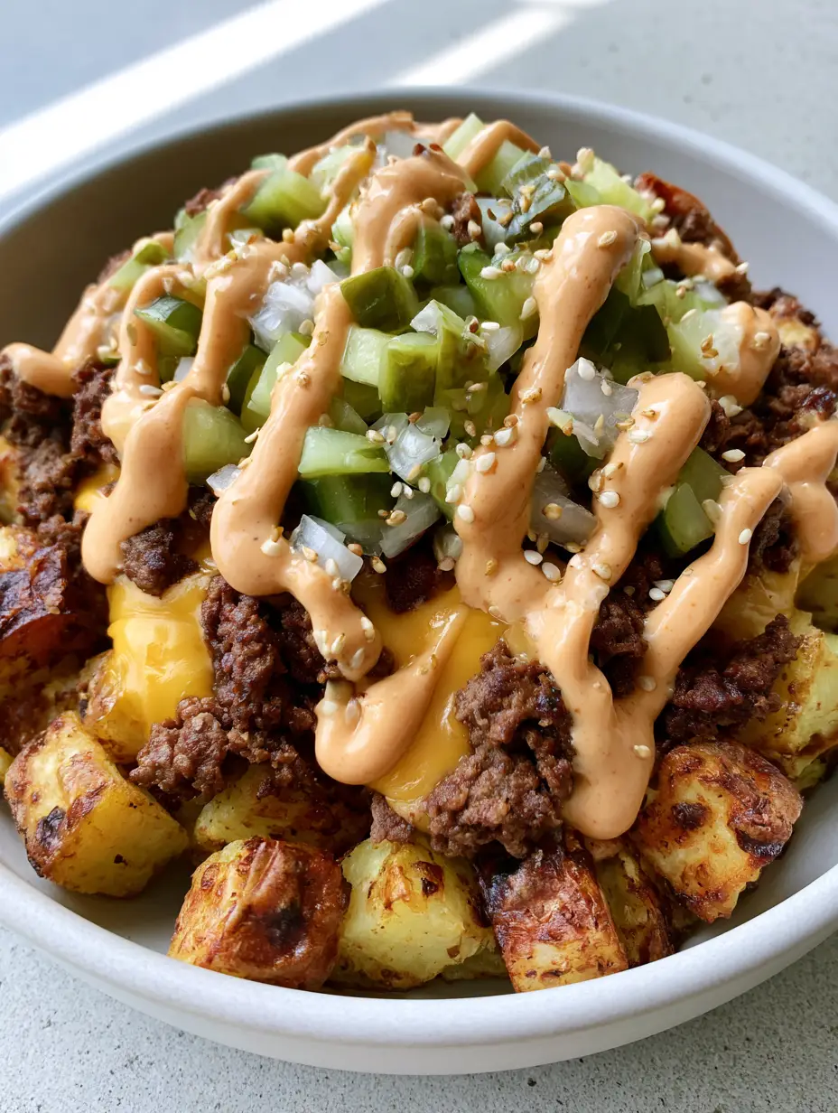 Close up handheld photo of a Smash Burger Bowl in a white ceramic dish with golden potatoes and gooey cheese.