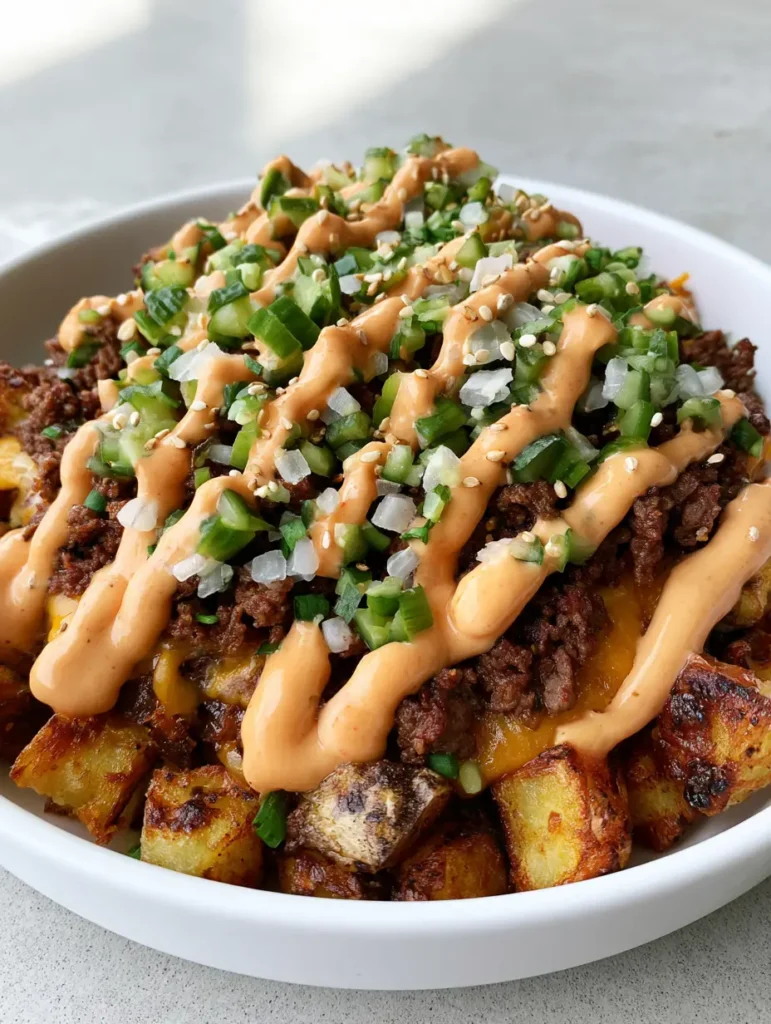 A detailed shot showing the drizzled pastel-orange sauce and toasted sesame seeds on a Smash Burger Bowl.