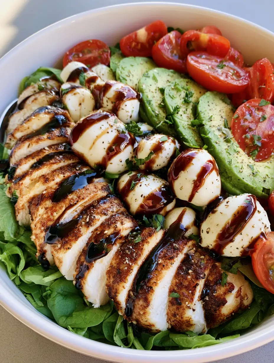 Close-up of golden-brown chicken breast and mini mozzarella pearls with balsamic glaze. (Baked Chicken Salad Recipe)
