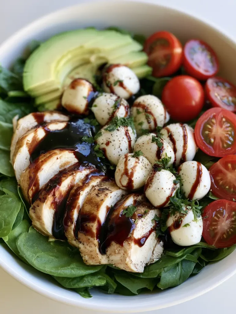 A gourmet salad bowl with sliced avocado, cherry tomatoes, and baked chicken on a bed of spinach. (Baked Chicken Salad Recipe)