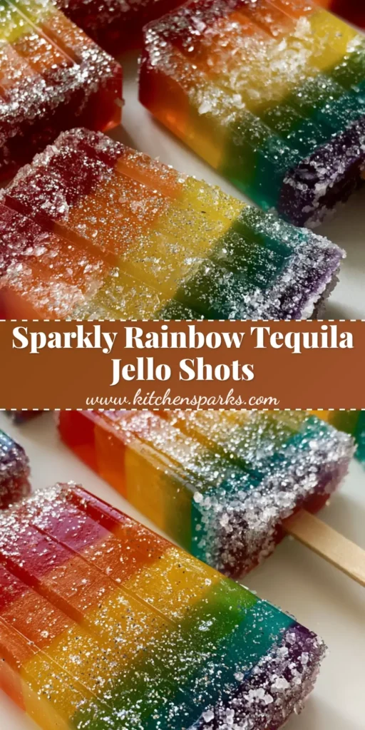 A stack of vibrant layered Rainbow Tequila Jello Shots on wooden sticks, heavily coated in silver glitter and sugar crystals.