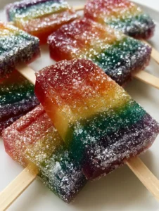 Handheld photo showing the distinct horizontal red, orange, yellow, green, teal, and purple layers of the Rainbow Tequila Jello Shots.