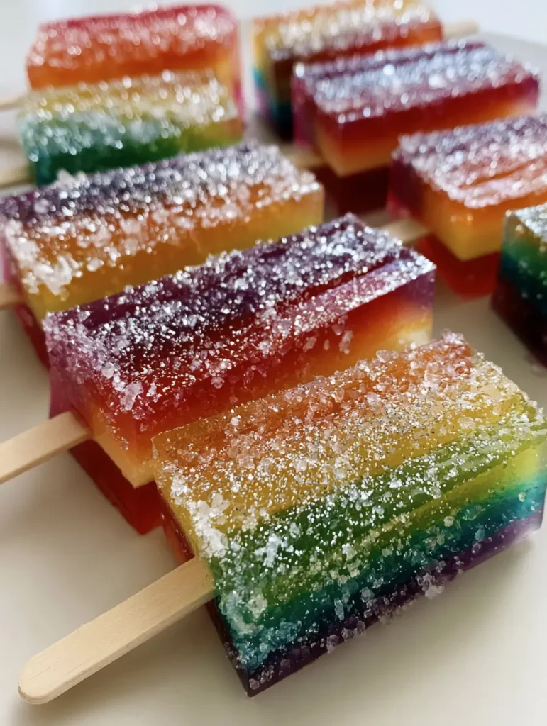 A close-up of the silver glitter and sugar encrusted surface of a rectangular rainbow jello wand.