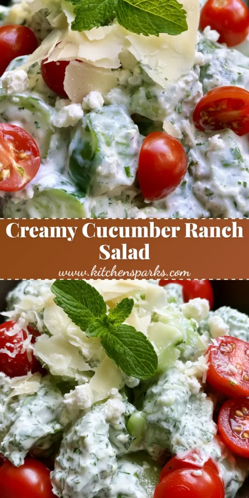 A close-up of a Cucumber Ranch Salad in a dark bowl featuring sliced cucumbers, halved tomatoes, creamy dressing, and a mint sprig garnish.