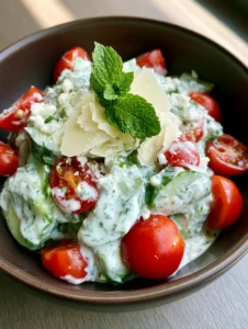 A smartphone photo of a fresh Cucumber Ranch Salad in a dark brown ceramic bowl with creamy dressing and shaved parmesan.