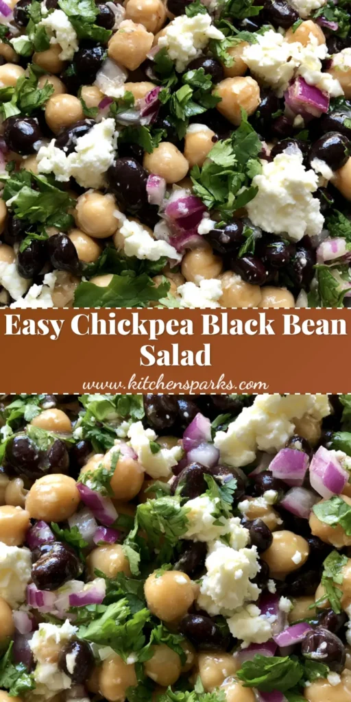 A close-up vertical shot of a Chickpea and Black Bean Salad with glossy beans and rustic feta crumbles in a ceramic bowl. (Chickpea and Black Bean Salad)