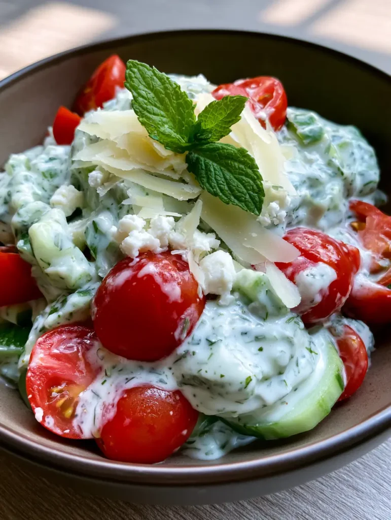 Overhead view of a Cucumber Ranch Salad showing the herb-speckled dressing and thin flakes of parmesan cheese.