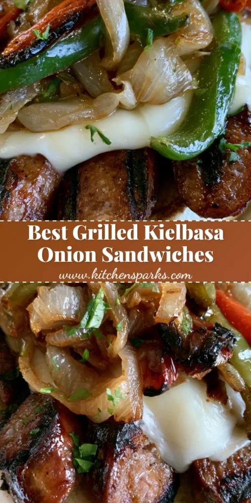 A close-up handheld photo of a Grilled Kielbasa Sandwich featuring thick diagonal slices of beef sausage with dark grill marks, topped with caramelized onions, charred peppers, and melted provolone cheese in a toasted hoagie roll.