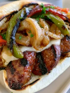 Side view of Grilled Kielbasa Sandwiches showing the juicy texture of the sausage slices and the oily sheen of charred green and red peppers. (Grilled Kielbasa Sandwiches)