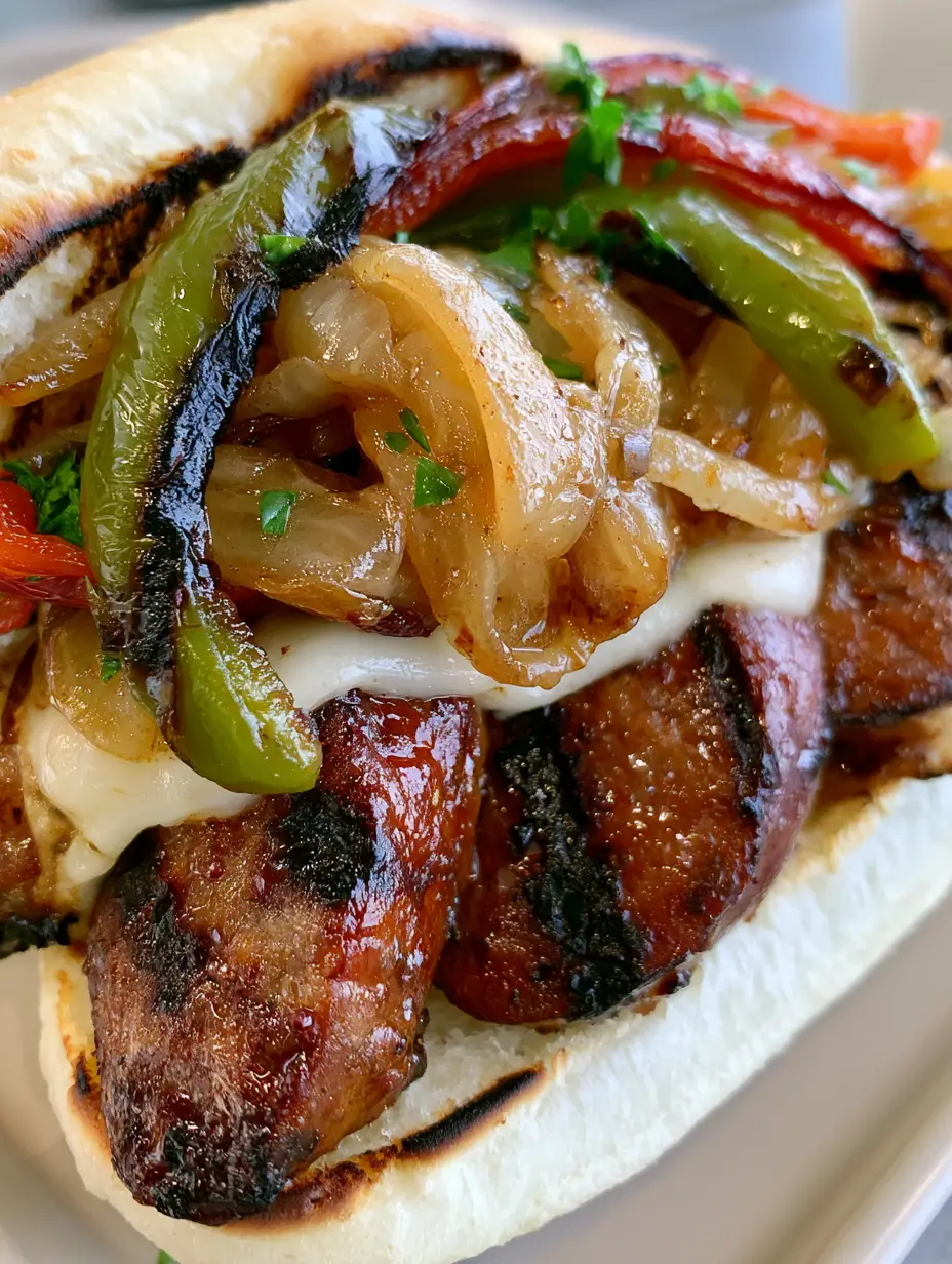 Side view of Grilled Kielbasa Sandwiches showing the juicy texture of the sausage slices and the oily sheen of charred green and red peppers. (Grilled Kielbasa Sandwiches)
