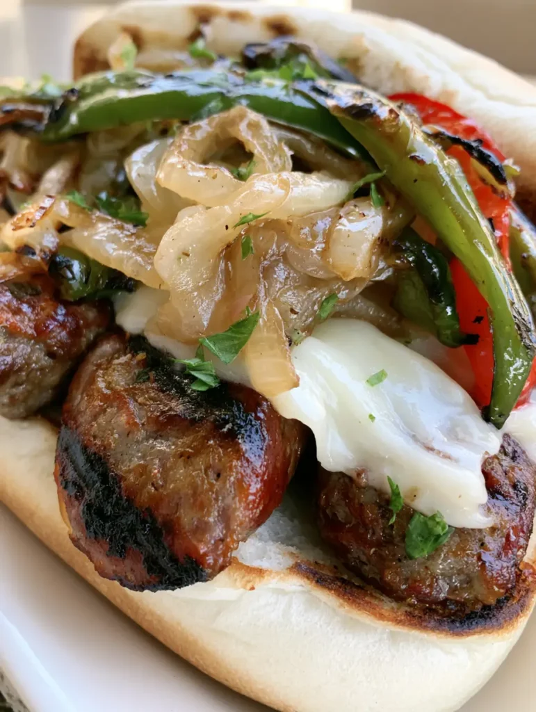 A handheld Grilled Kielbasa Sandwich with melted provolone binding the charred peppers and onions to the juicy beef sausage slices in a soft white hoagie roll.