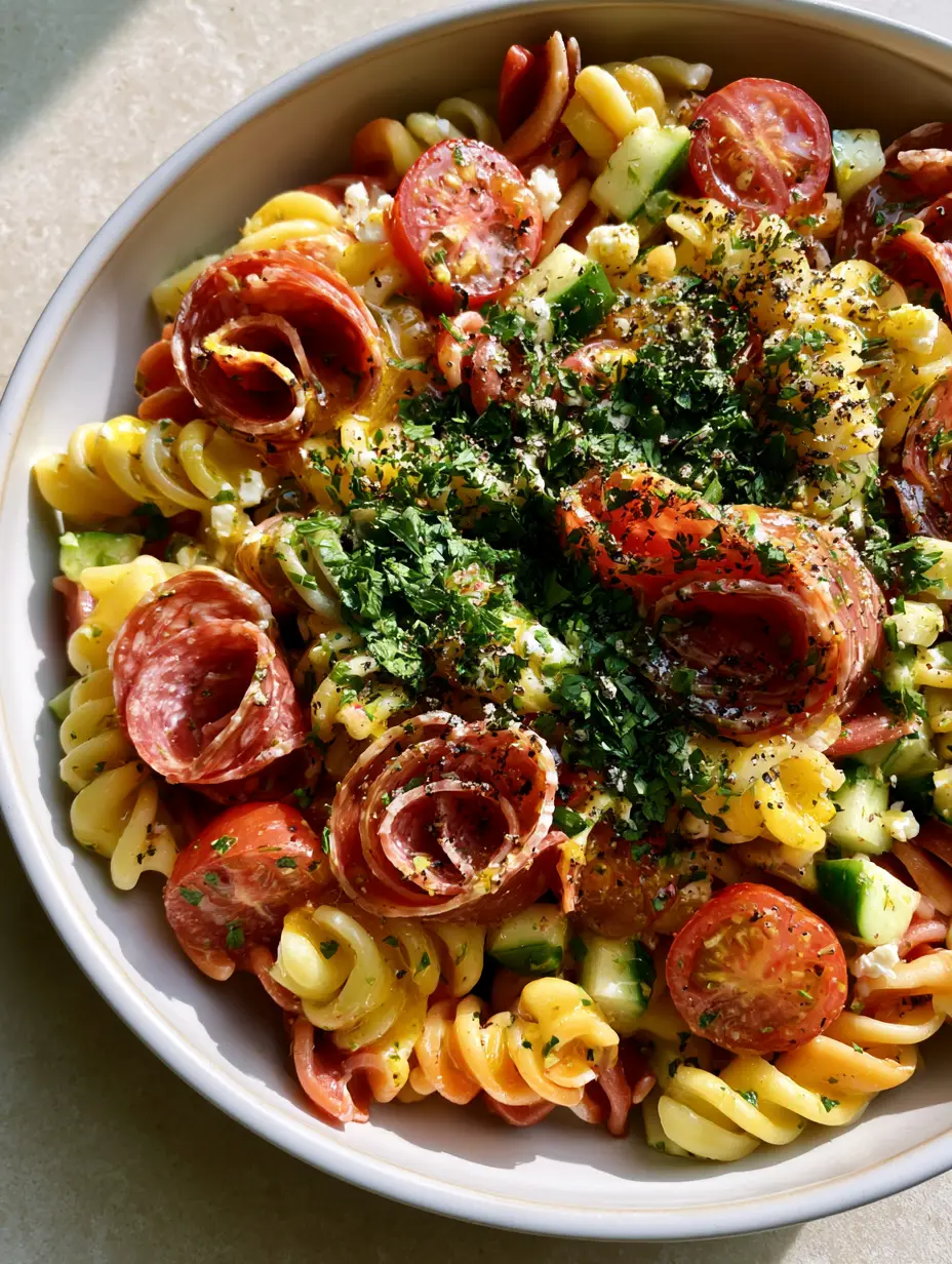 Top-down view of High-Protein Italian Pasta Salad with glossy vinaigrette and fresh parsley garnish.
