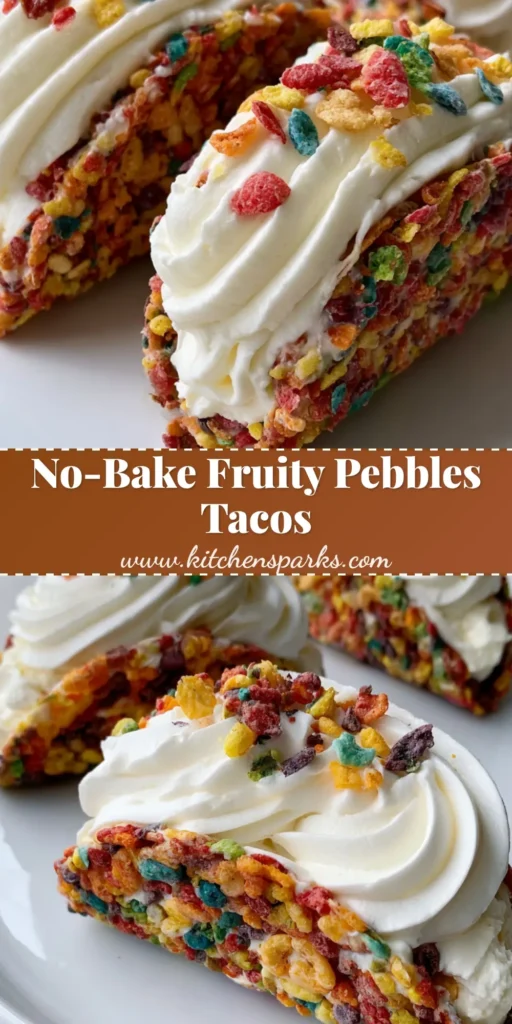 Three Fruity Pebbles Cheesecake Tacos with vibrant cereal shells and piped white filling on a white plate.
