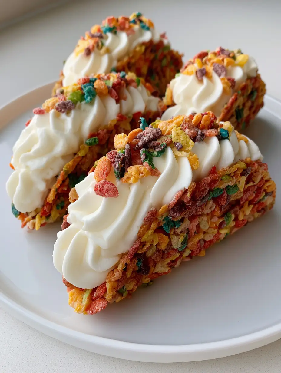Close up handheld shot of Fruity Pebbles Cheesecake Tacos on a white ceramic plate.