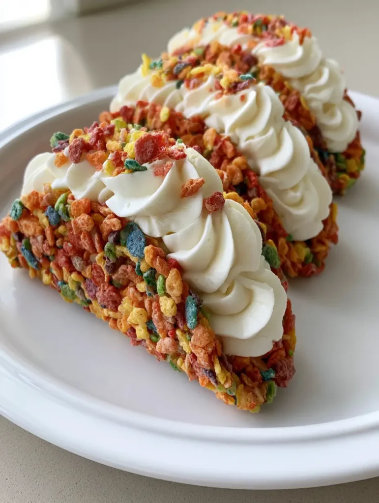 Overhead view of multi-colored cereal taco shells filled with piped cream cheese swirl.