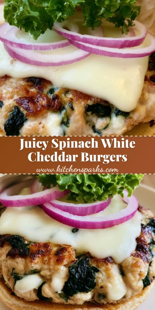 A close-up vertical shot of White Cheddar Spinach Chicken Burgers on a toasted brioche bun with garlic aioli and red onion.