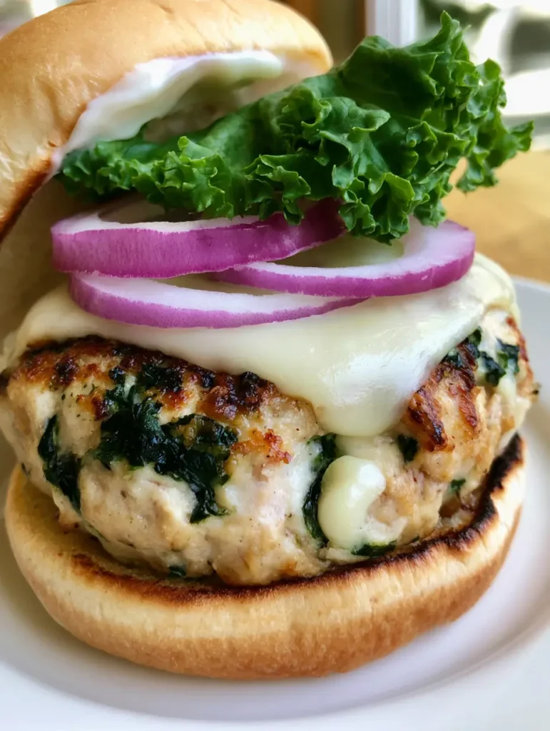 A handheld smartphone photo of a White Cheddar Spinach Chicken Burgers patty with golden-charred edges and visible spinach flecks.
