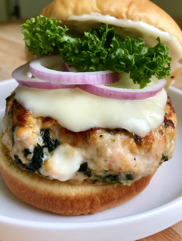 Top view of White Cheddar Spinach Chicken Burgers showing the garlic aioli and fresh curly lettuce layers.