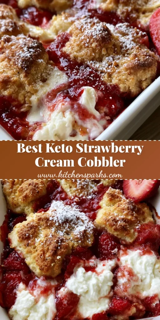 A bubbling Keto Strawberry Cream Cheese Cobbler in a white ceramic dish with a golden almond flour crust and powdered sugar dusting.