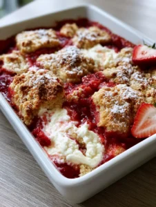 Close-up of a Keto Strawberry Cream Cheese Cobbler showing the bubbling red fruit and textured golden-brown crust.