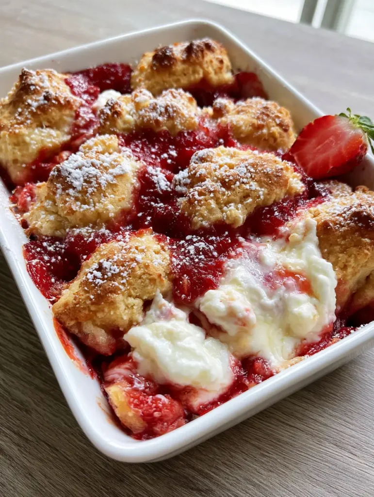 Overhead view of Keto Strawberry Cream Cheese Cobbler with swirled cream cheese and powdered sweetener dusting.
