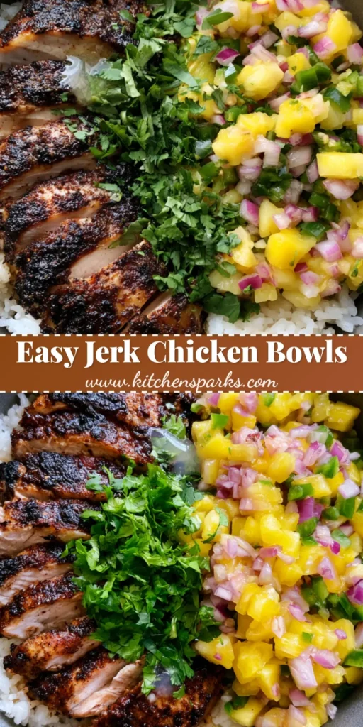 Jerk Chicken Bowl with Smoky Charred Chicken and Fresh Pineapple Salsa 4 A handheld smartphone photo of a Jerk Chicken Bowl with thick charred chicken slices, yellow pineapple salsa, and fluffy white rice in a matte grey bowl.
