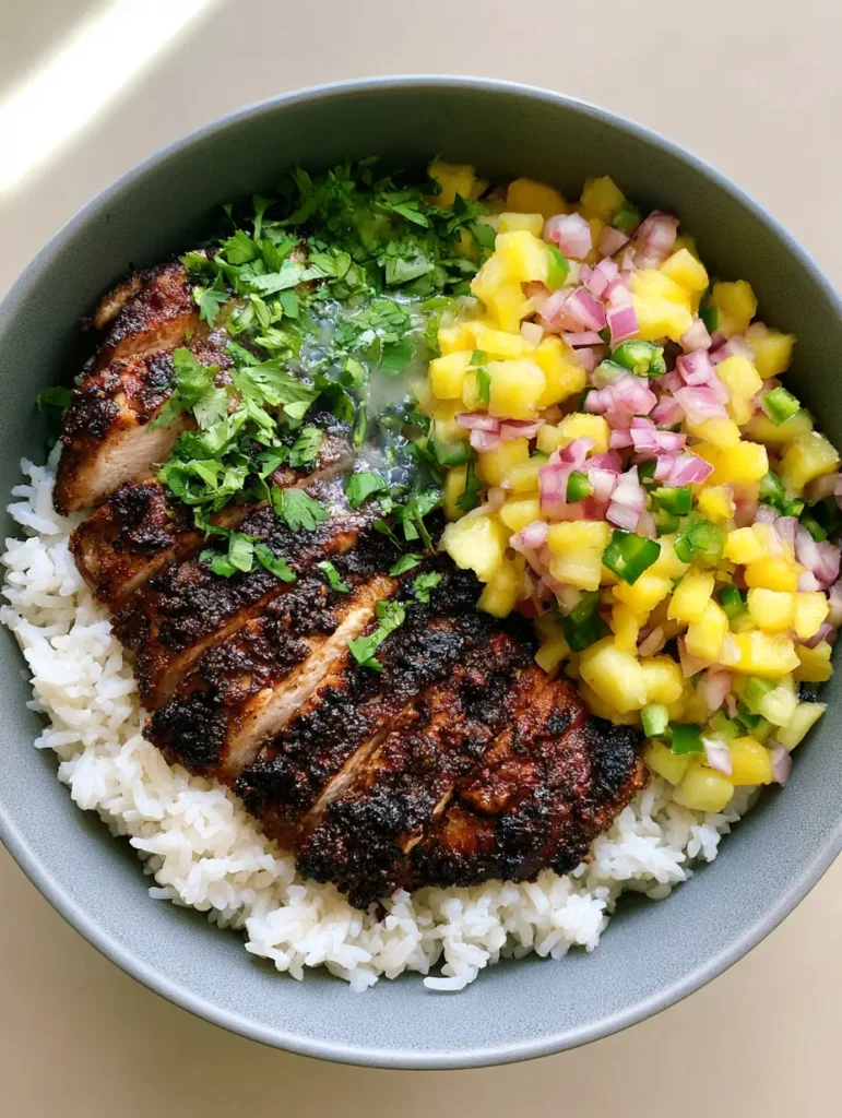 Jerk Chicken Bowl with Smoky Charred Chicken and Fresh Pineapple Salsa 2 Close up view of the dark smoky jerk chicken crust and vibrant green jalapenos in a healthy bowl.