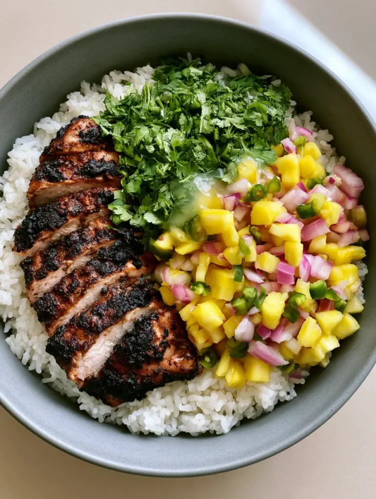 Jerk Chicken Bowl with Smoky Charred Chicken and Fresh Pineapple Salsa 1 Vibrant pineapple salsa with red onions and cilantro glistening under a lime glaze in a Jerk Chicken Bowl.