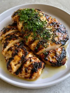Smartphone photo of glistening Mediterranean Chicken Marinade on grilled breast slices. (Mediterranean Chicken Marinade)