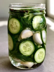 Close up of Refrigerator Dill Pickles showing the vibrant green skins and pale seed-flecked centers of thick-cut cucumber rounds.
