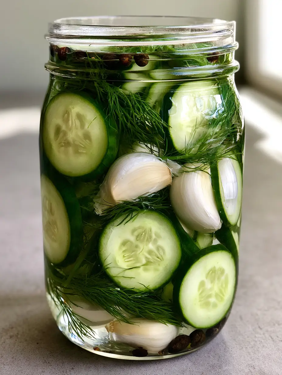 Close up of Refrigerator Dill Pickles showing the vibrant green skins and pale seed-flecked centers of thick-cut cucumber rounds.