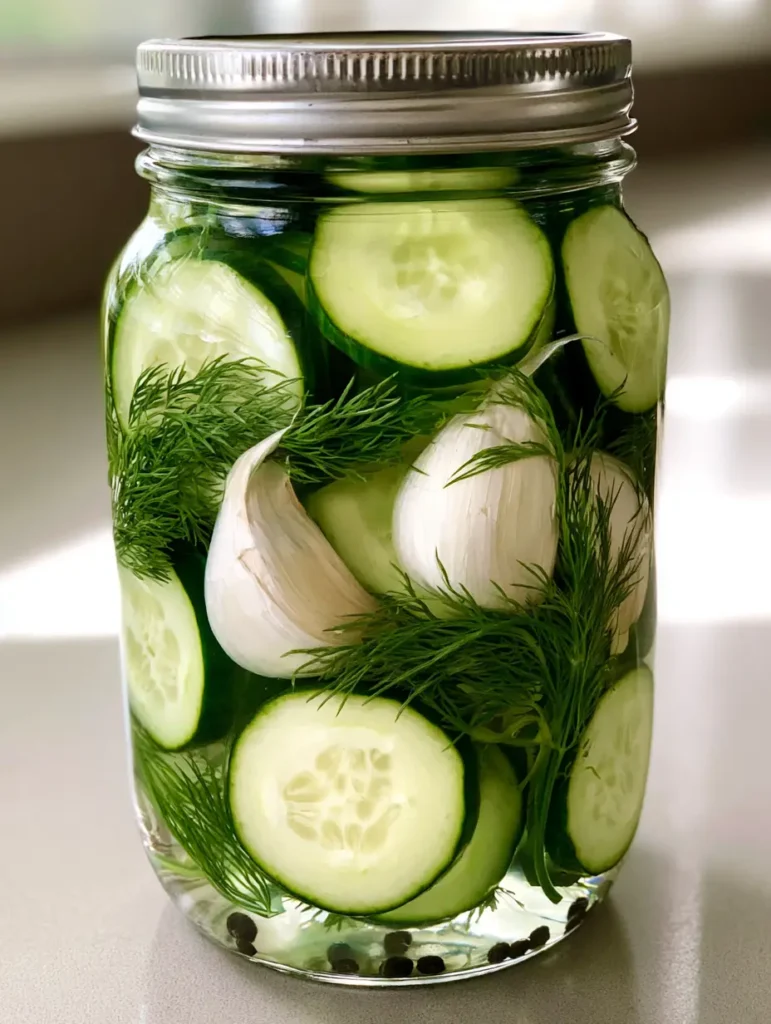 A handheld smartphone style photo of a jar of Refrigerator Dill Pickles with clear brine, black peppercorns, and feathery dill.