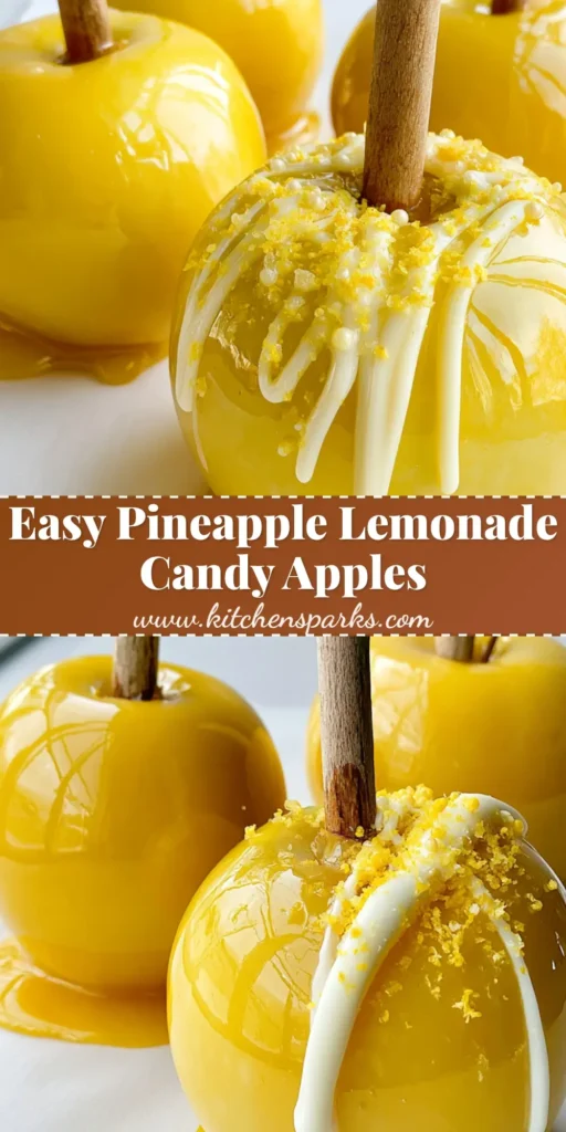 Three gourmet Pineapple Lemonade Candy Apples with a vibrant yellow glossy glaze, white chocolate drizzle, and lemon zest on parchment paper.