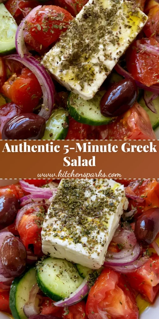 A vertical Pinterest pin showing an Authentic Greek Salad with large tomato chunks and a prominent slab of feta cheese.