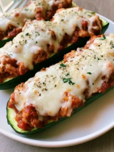 Close up view of roasted zucchini boats filled with shredded chicken and topped with toasted mozzarella spots. (Keto Chicken Parmesan Zucchini Boats)