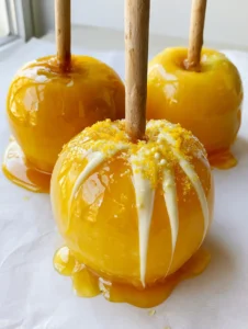 Close up of three Pineapple Lemonade Candy Apples showing the translucent yellow glaze and hardened sugar base.