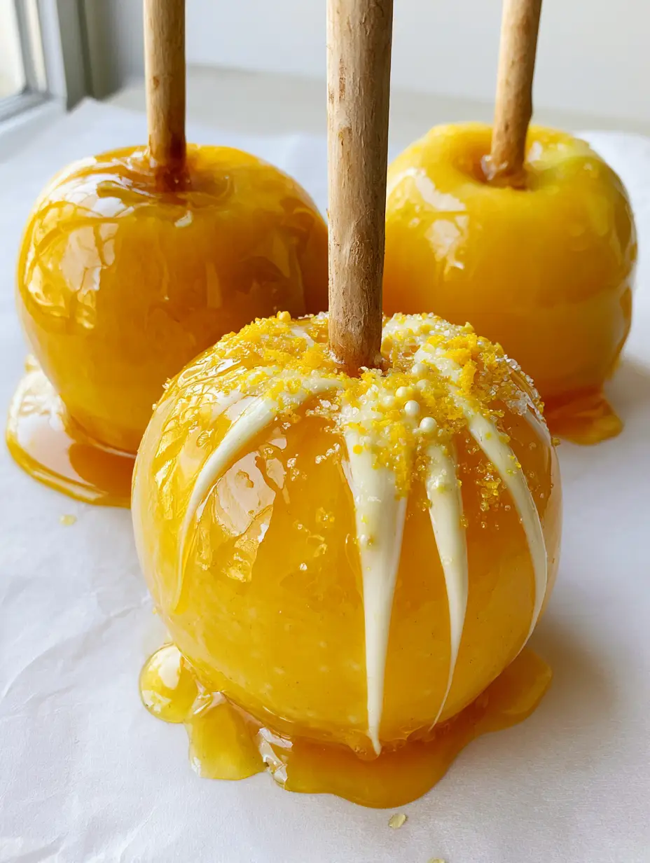 Close up of three Pineapple Lemonade Candy Apples showing the translucent yellow glaze and hardened sugar base.