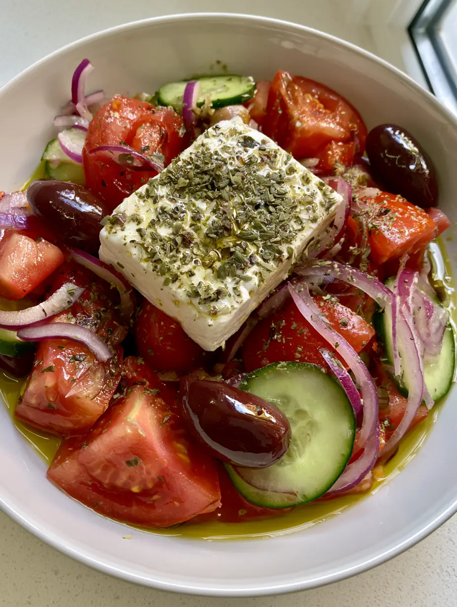 High-angle smartphone photo of an Authentic Greek Salad in a white bowl featuring tomato chunks and a feta slab.