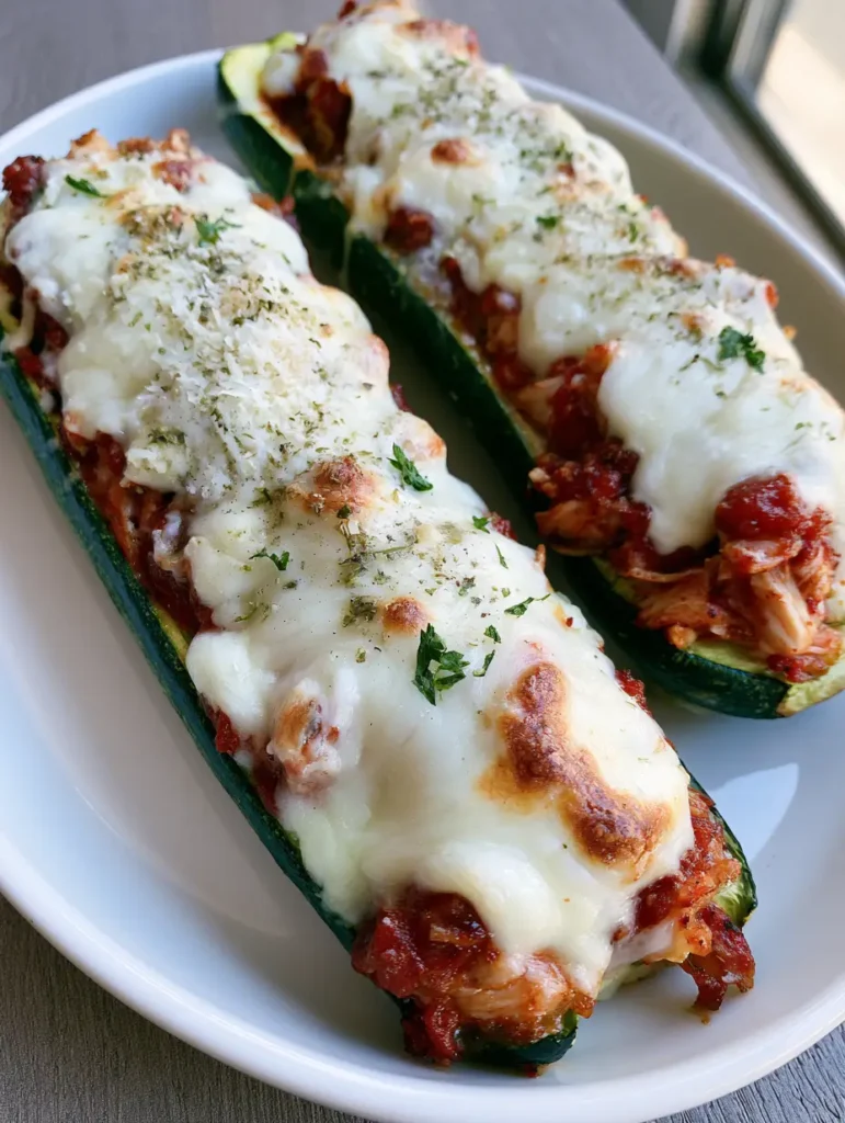 Three zucchini boats on a white plate sitting on a neutral wooden table, featuring thick marinara and melted cheese. (Keto Chicken Parmesan Zucchini Boats)
