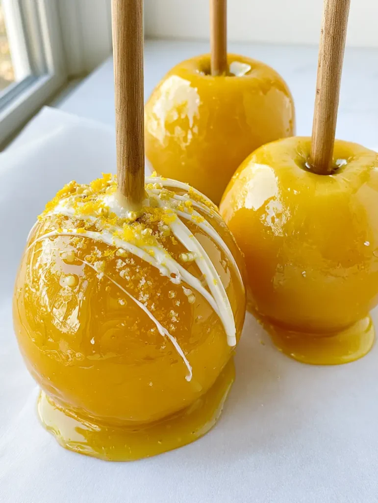 Pineapple Lemonade Candy Apples featuring decorative white chocolate drizzle and fine yellow sanding sugar.
