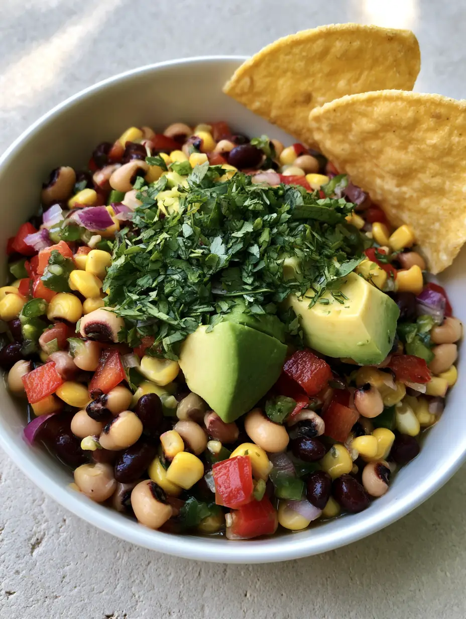 Cowboy Caviar Recipe: The Ultimate Fresh and Zesty Bean Salad 4 Authentic smartphone photo of Cowboy Caviar Recipe in a white ceramic bowl with corn chips. (Cowboy Caviar Recipe)