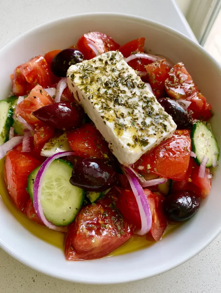 Close up shot of glistening olive oil on an Authentic Greek Salad with dried oregano flakes.