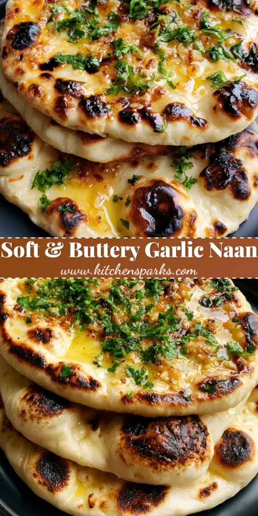 A stack of three pillowy, skillet-cooked Easy Garlic Naan Bread on a matte black plate with charred bubbles and fresh cilantro.