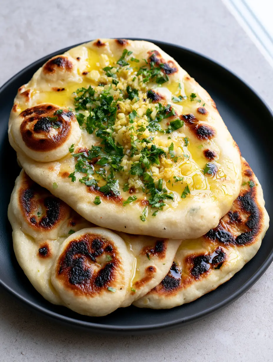 Close-up of pillowy Easy Garlic Naan Bread with large airy bubbles and dark charred spots on a black ceramic plate.
