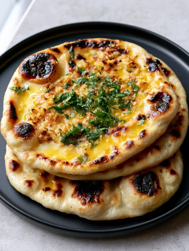 Handheld smartphone photo of Easy Garlic Naan Bread garnished with minced cooked garlic and fresh chopped cilantro.