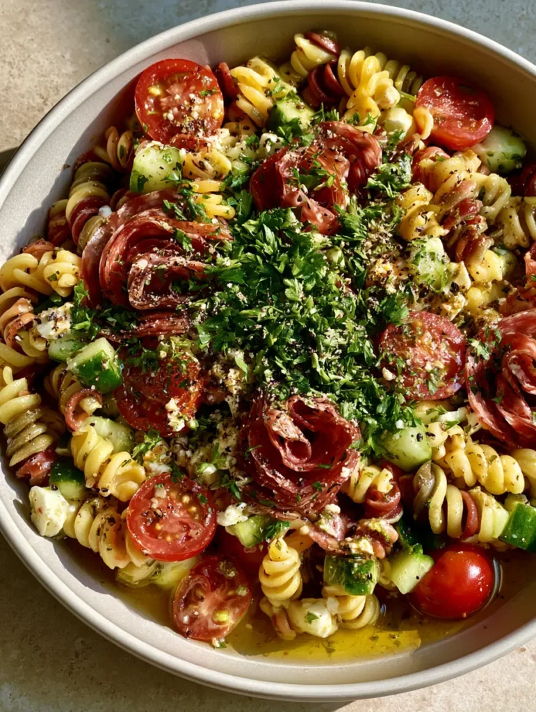 High-Protein Italian Pasta Salad with Salami and Feta 1 Close-up shot showing the folds of salami and crumbled feta in the High-Protein Italian Pasta Salad.