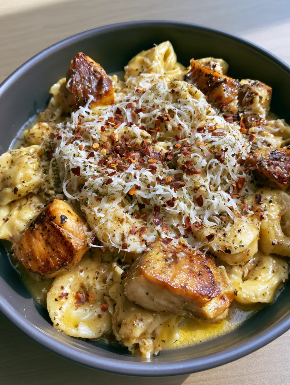 Chicken Tortellini Recipe with Spicy Garlic Butter and Seared Chicken 3 Close-up smartphone photo of spicy garlic butter chicken tortellini in a dark grey bowl. (Chicken Tortellini Recipe)
